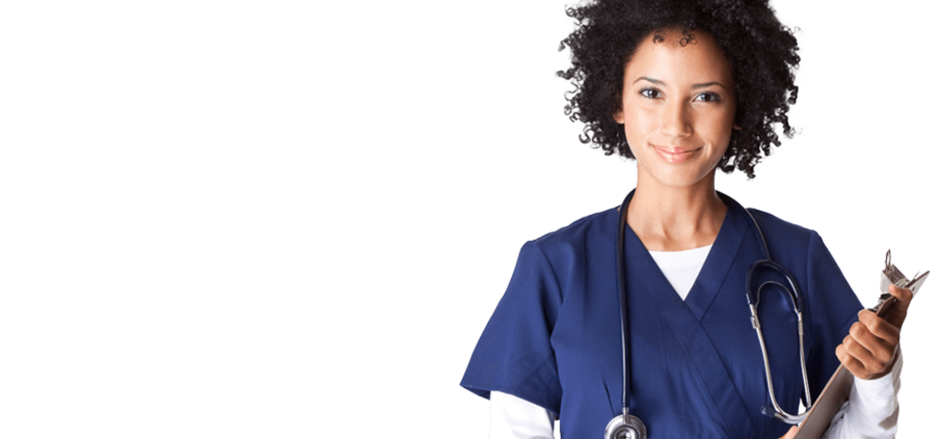 Woman in blue scrubs with a clipboard and stethoscope